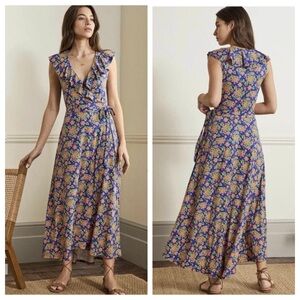 Boden Saskia Blue Medallion Ruffle Wrap Dress Size US 10